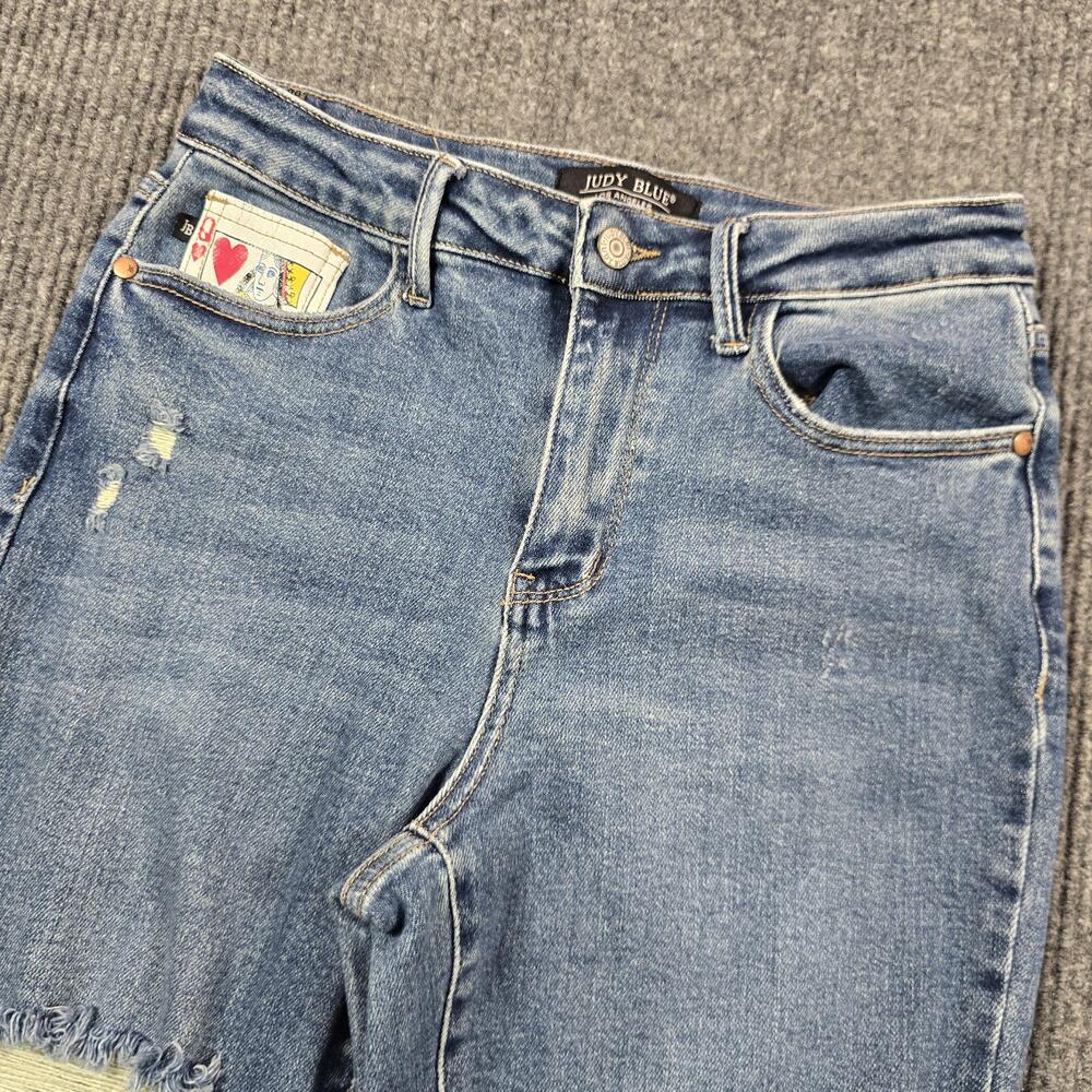 Judy Blue Jeans Womens 5/27 Blue Boyfriend High Rise Distressed Queen of Hearts